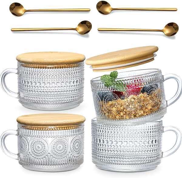 LANDNEOO 4pcs Set Vintage Coffee Mugs gifts for women, Overnight Oats Containers with Bamboo Lids and Spoons - 14oz Clear Embossed Glass Cups, Cute Coffee Bar Accessories, Iced Coffee Glasses - Image 1