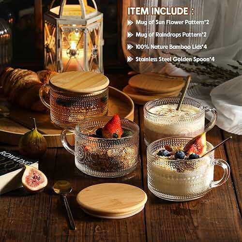 LANDNEOO 4pcs Set Vintage Coffee Mugs gifts for women, Overnight Oats Containers with Bamboo Lids and Spoons - 14oz Clear Embossed Glass Cups, Cute Coffee Bar Accessories, Iced Coffee Glasses - Image 4