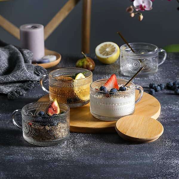LANDNEOO 4pcs Set Vintage Coffee Mugs gifts for women, Overnight Oats Containers with Bamboo Lids and Spoons - 14oz Clear Embossed Glass Cups, Cute Coffee Bar Accessories, Iced Coffee Glasses - Image 5