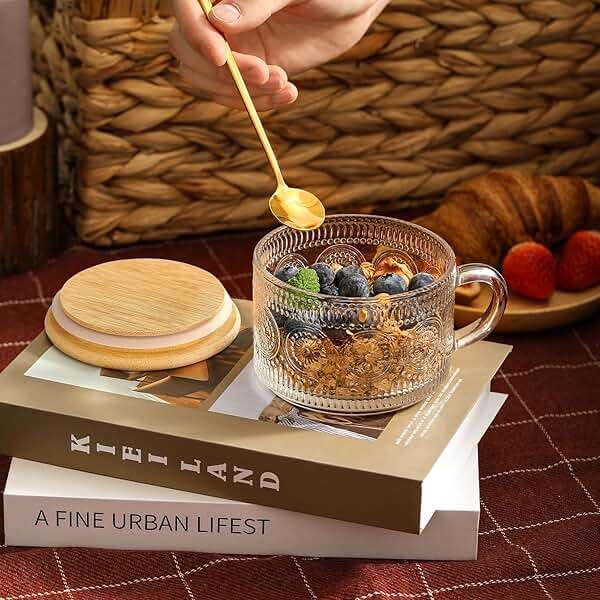 LANDNEOO 4pcs Set Vintage Coffee Mugs gifts for women, Overnight Oats Containers with Bamboo Lids and Spoons - 14oz Clear Embossed Glass Cups, Cute Coffee Bar Accessories, Iced Coffee Glasses - Image 6