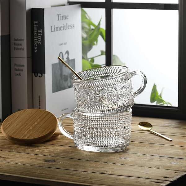 LANDNEOO 4pcs Set Vintage Coffee Mugs gifts for women, Overnight Oats Containers with Bamboo Lids and Spoons - 14oz Clear Embossed Glass Cups, Cute Coffee Bar Accessories, Iced Coffee Glasses - Image 7