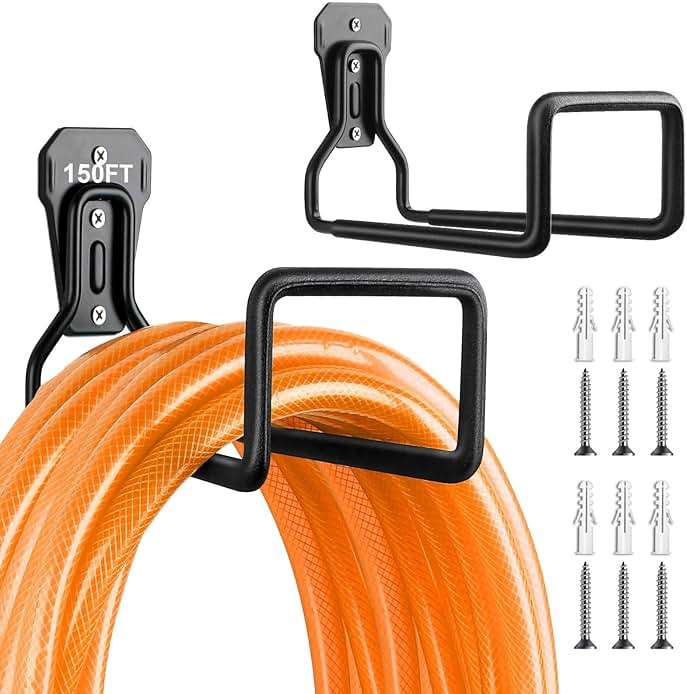 UPCERA Hose Holder Stand Wall Mount, 2Pcs Heavy Duty Garden Hose Hanger Reel, Metal Water Pipe Tube Hooks Rack for Outside Yard, Garage, Storage Organizer - Black - Image 1