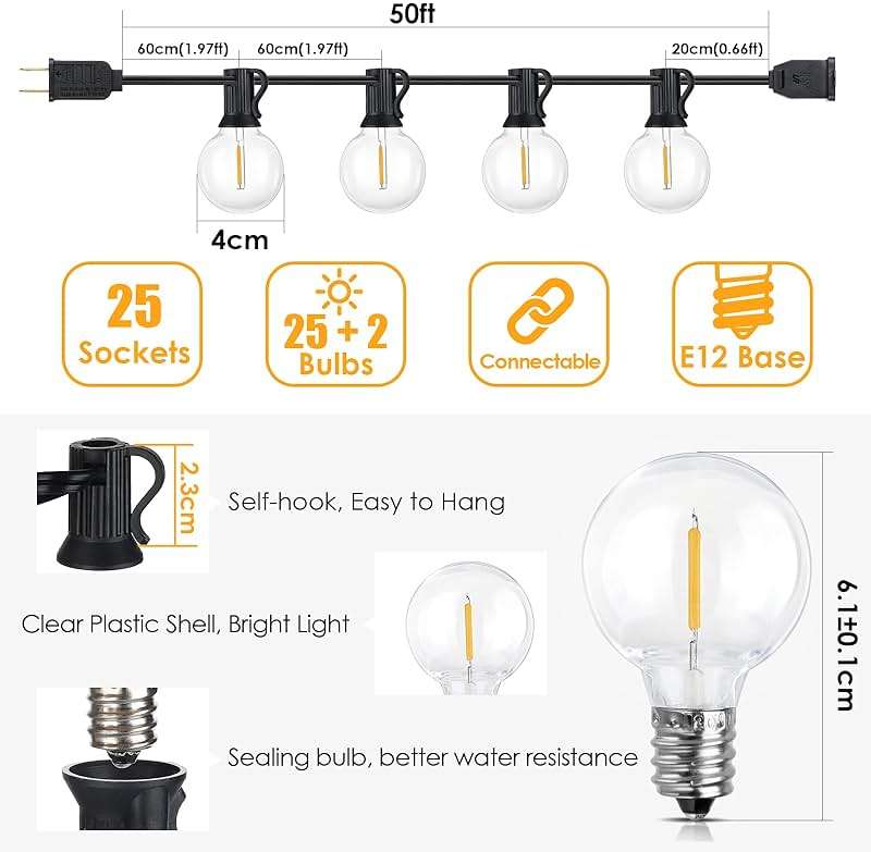Mlambert 50Ft LED Outdoor String Lights G40 Globe Dimmable Patio Light, Waterproof Hanging String Light with 27 Warm White Shatterproof Bulbs(2 Spare) - Image 7