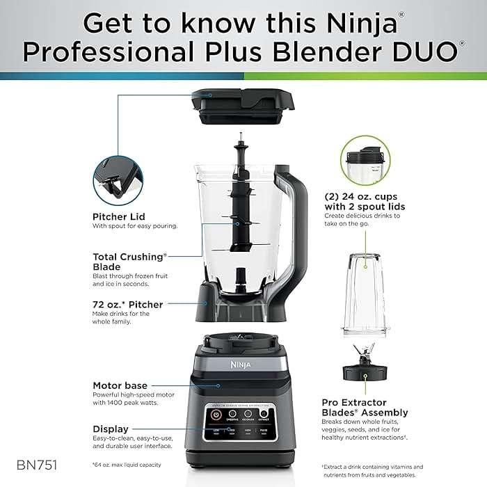 Ninja BN751 Professional Plus DUO Blender, 1400 Peak Watts, 3 Auto-IQ Programs for Smoothies, Frozen Drinks & Nutrient Extractions, 72-oz. Total Crushing Pitcher & (2) 24 oz. To-Go Cups, Black - Image 7