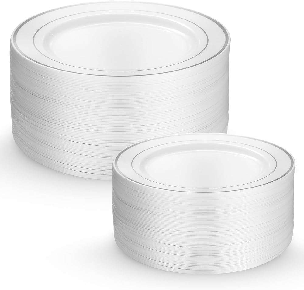 Munfix 60 Silver Plastic Plates Set, 30 Pcs 10.25 Inch Dinner and 30 Pcs 7.5 Inch Plastic Dessert Plates, Elegant Fancy Heavy Duty Disposable Plates for Party, Wedding, White with Silver Rim - Image 1