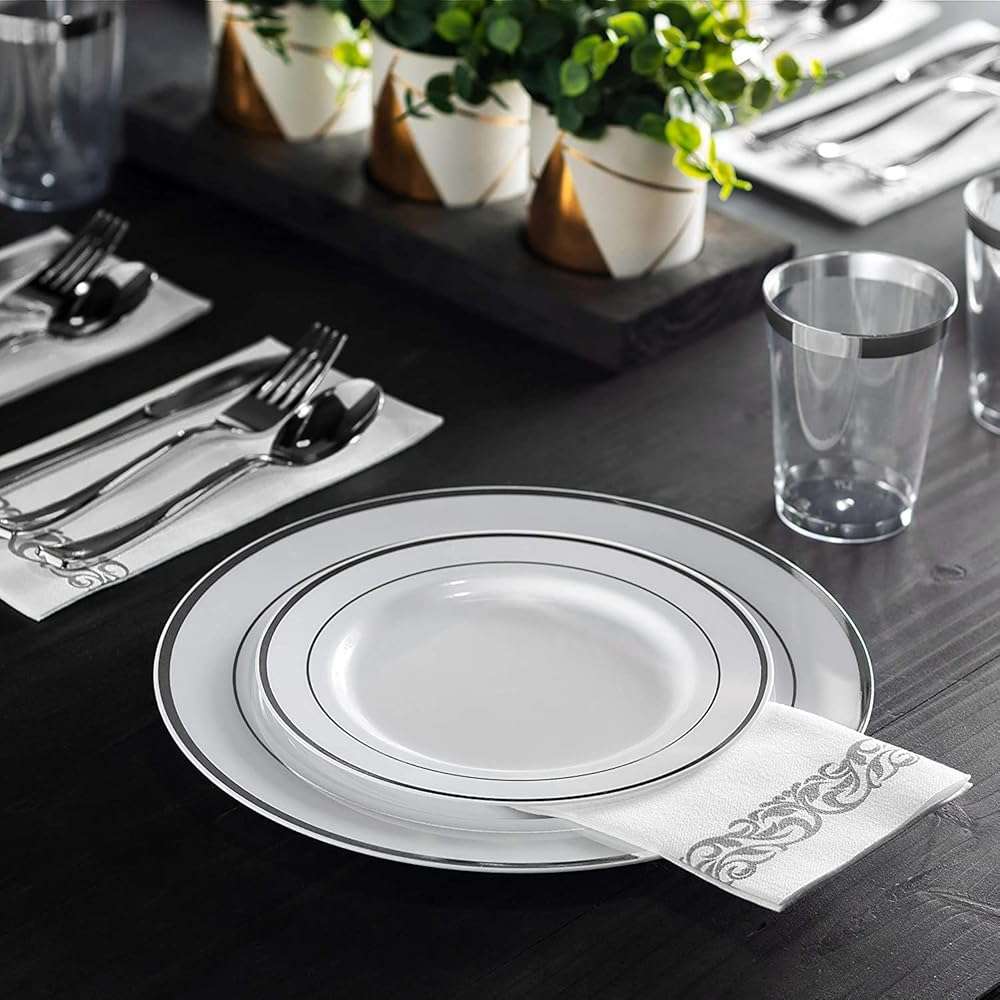 Munfix 60 Silver Plastic Plates Set, 30 Pcs 10.25 Inch Dinner and 30 Pcs 7.5 Inch Plastic Dessert Plates, Elegant Fancy Heavy Duty Disposable Plates for Party, Wedding, White with Silver Rim - Image 2