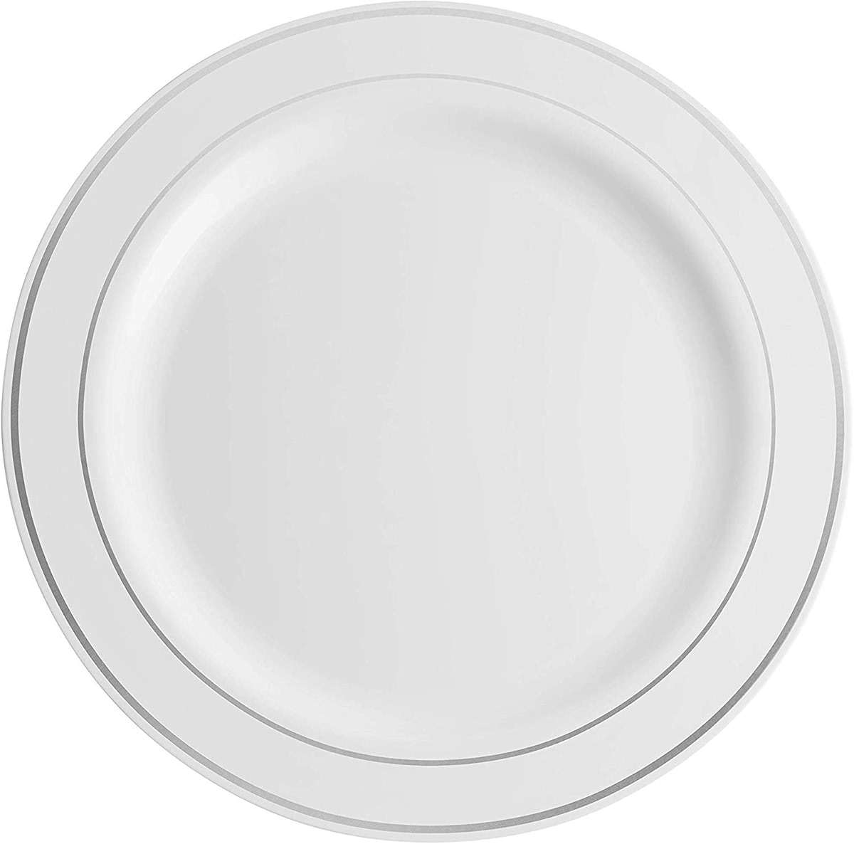 Munfix 60 Silver Plastic Plates Set, 30 Pcs 10.25 Inch Dinner and 30 Pcs 7.5 Inch Plastic Dessert Plates, Elegant Fancy Heavy Duty Disposable Plates for Party, Wedding, White with Silver Rim - Image 3