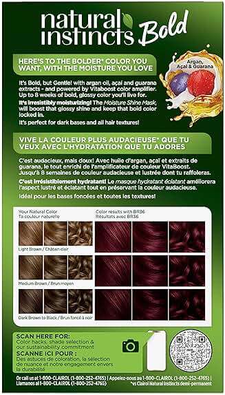 Clairol Natural Instincts Bold Permanent Hair Dye, BR36 Deep Burgundy Acai Hair Color | Ammonia-Free with Argan Oil | Gentle, Bold Glossy Color for Up to 8 Weeks, Even on Dark Bases | Pack of 1 - Image 2
