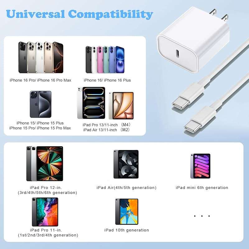 iPhone 17/16/15 Charger, USB C Charger, 2Pack 20W Type C Fast Wall Charge Power Adapter,6FT 60W USB-C to C Cable for iPhone Air/17Pro Max/15/16 Pro Max,iPad Pro 12.9/11 inch,iPad Air 5/4th,AirPods Pro - Image 7
