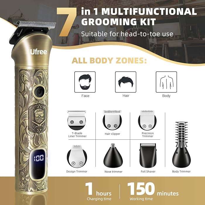 Ufree Beard Trimmer for Men, Electric Razor Shaver, Cordless Hair Clipper Shaving Kit for Mustache Body Nose Ear Hair Facial, Adjustable Beard Grooming Kit Father Birthday Gifts for Men Husband Dad - Image 2