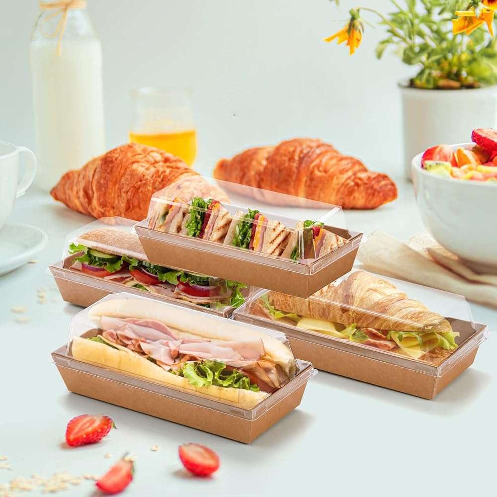 Dicunoy 100 Pack Disposable Sandwich Containers with Clear Lids, Paper Sushi To Go Containers, Rectangle Swiss Roll Cake Boxes for Craft Dessert, Waffle, Cookie, Breads, Pastry, Food Truck Business - Image 4