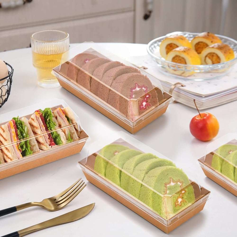 Dicunoy 100 Pack Disposable Sandwich Containers with Clear Lids, Paper Sushi To Go Containers, Rectangle Swiss Roll Cake Boxes for Craft Dessert, Waffle, Cookie, Breads, Pastry, Food Truck Business - Image 5
