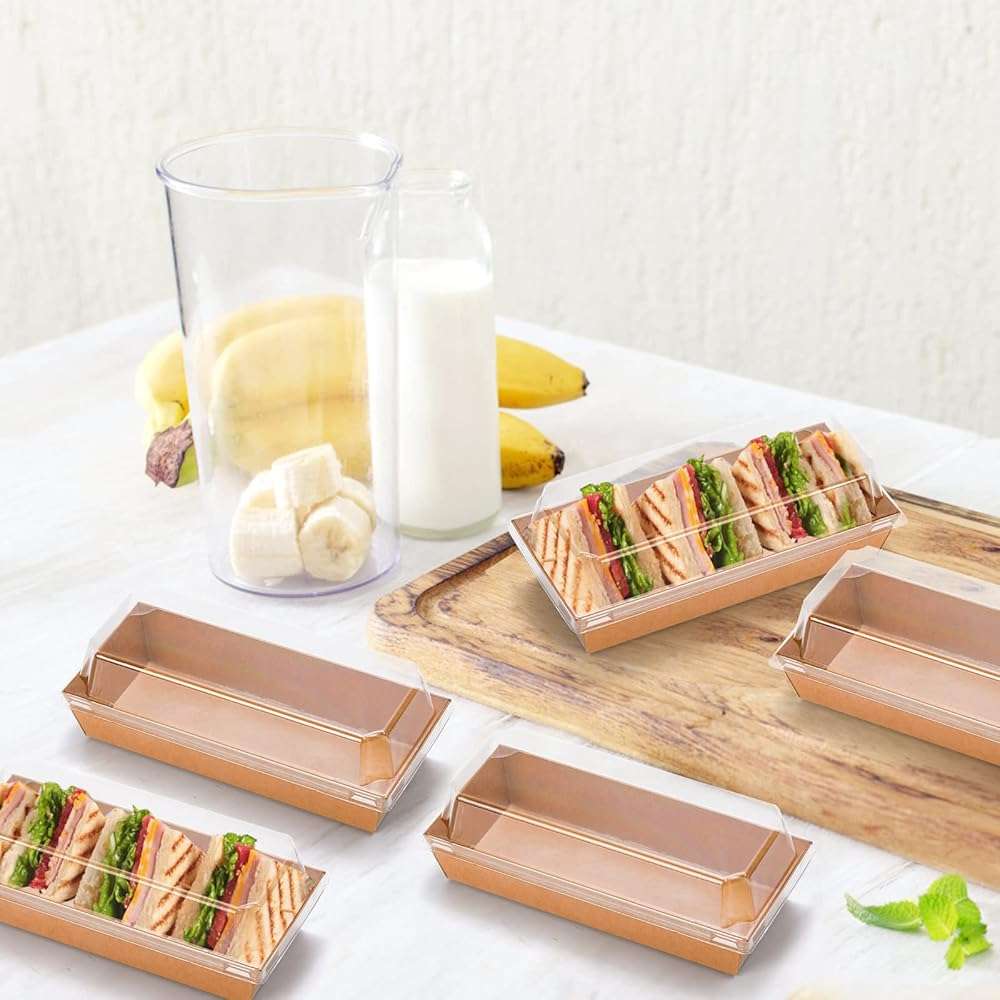 Dicunoy 100 Pack Disposable Sandwich Containers with Clear Lids, Paper Sushi To Go Containers, Rectangle Swiss Roll Cake Boxes for Craft Dessert, Waffle, Cookie, Breads, Pastry, Food Truck Business - Image 6