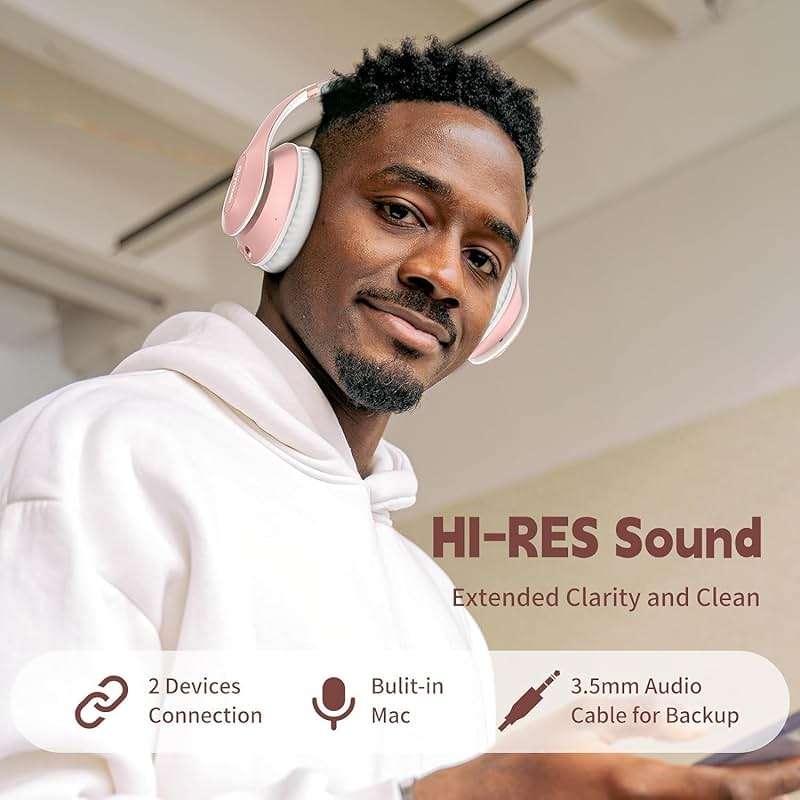 Glynzak Wireless Bluetooth Headphones Over Ear 65H Playtime HiFi Stereo Headset with Microphone and 6EQ Modes Foldable Bluetooth V6.0 Headphones for Travel Smartphone Computer Laptop Rose Gold - Image 2