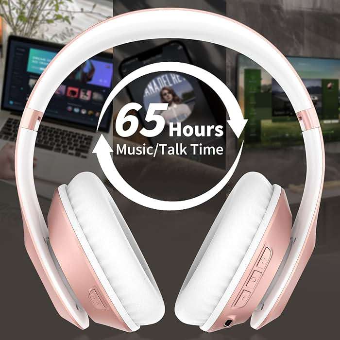 Glynzak Wireless Bluetooth Headphones Over Ear 65H Playtime HiFi Stereo Headset with Microphone and 6EQ Modes Foldable Bluetooth V6.0 Headphones for Travel Smartphone Computer Laptop Rose Gold - Image 3