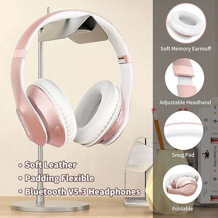 Glynzak Wireless Bluetooth Headphones Over Ear 65H Playtime HiFi Stereo Headset with Microphone and 6EQ Modes Foldable Bluetooth V6.0 Headphones for Travel Smartphone Computer Laptop Rose Gold - Image 4