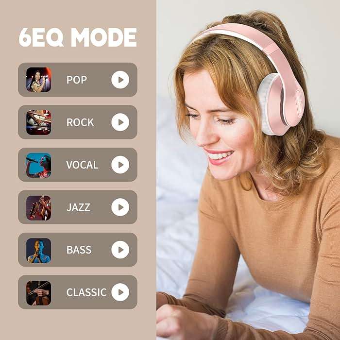 Glynzak Wireless Bluetooth Headphones Over Ear 65H Playtime HiFi Stereo Headset with Microphone and 6EQ Modes Foldable Bluetooth V6.0 Headphones for Travel Smartphone Computer Laptop Rose Gold - Image 5