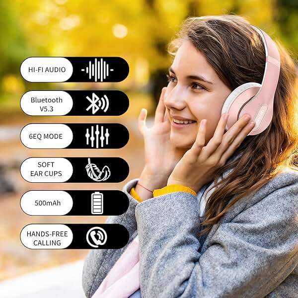 Glynzak Wireless Bluetooth Headphones Over Ear 65H Playtime HiFi Stereo Headset with Microphone and 6EQ Modes Foldable Bluetooth V6.0 Headphones for Travel Smartphone Computer Laptop Rose Gold - Image 6