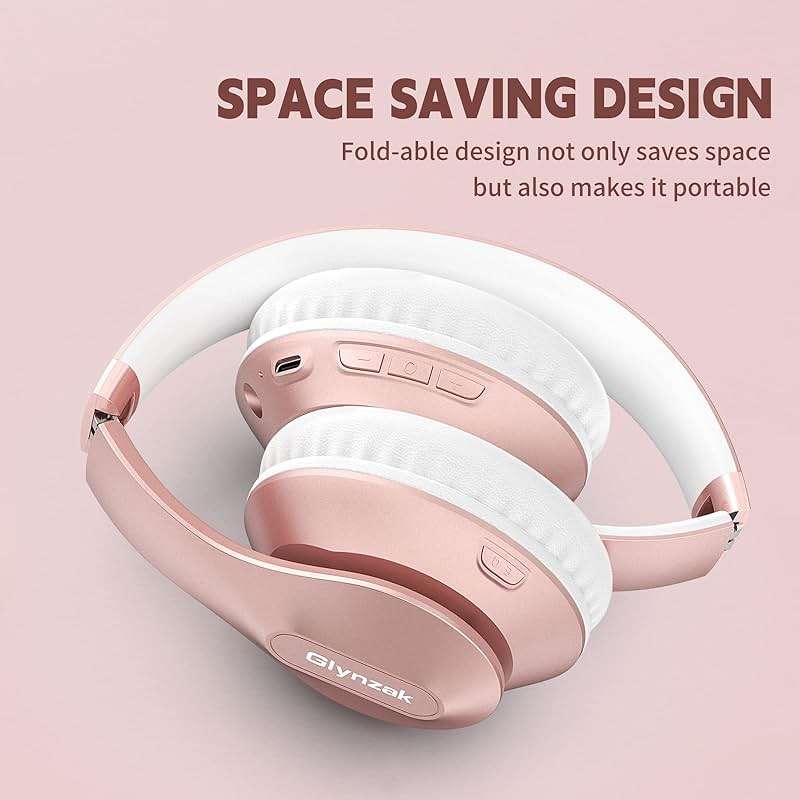 Glynzak Wireless Bluetooth Headphones Over Ear 65H Playtime HiFi Stereo Headset with Microphone and 6EQ Modes Foldable Bluetooth V6.0 Headphones for Travel Smartphone Computer Laptop Rose Gold - Image 8