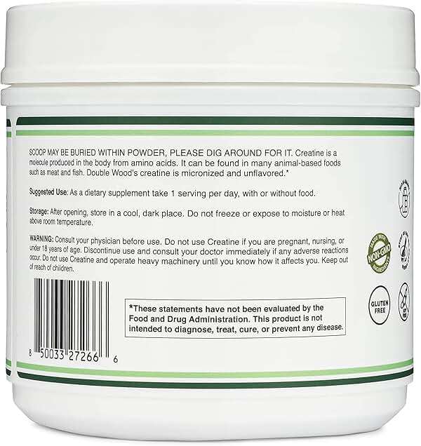 Creatine Monohydrate Powder 1.1lbs (100 Servings of 5 Grams Each) - No Fillers, Vegan Safe, Non-GMO, Gluten Free by Double Wood - Image 6