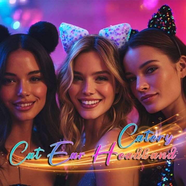 Catery Cat Ears Headband Halloween Headbands Sequins Sparkly Kitty Ears for Women - Image 5