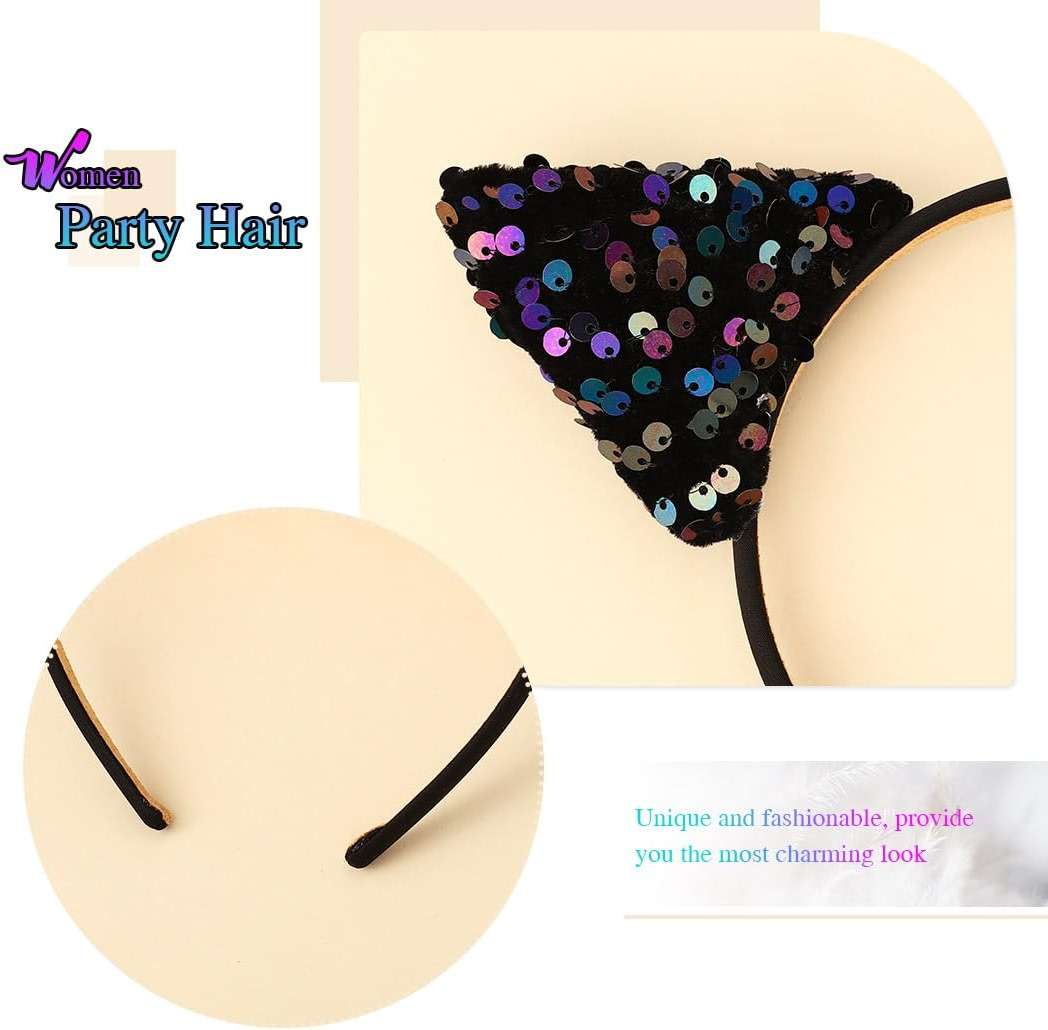Catery Cat Ears Headband Halloween Headbands Sequins Sparkly Kitty Ears for Women - Image 6