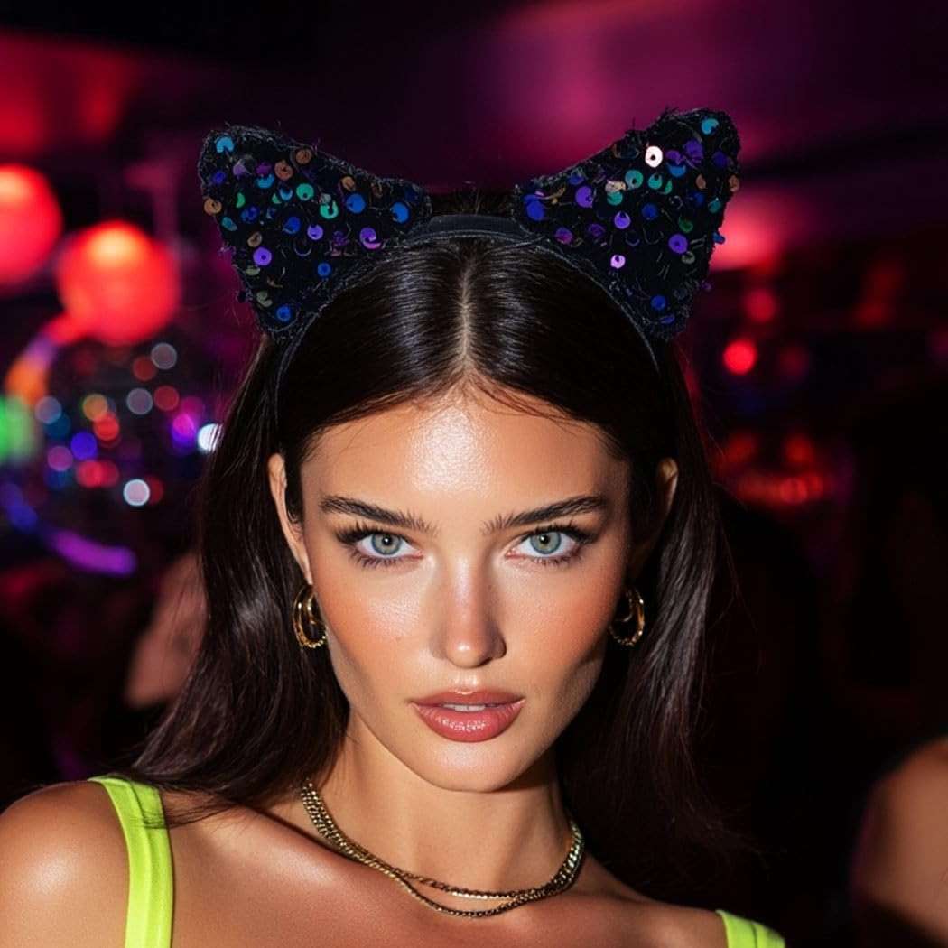 Catery Cat Ears Headband Halloween Headbands Sequins Sparkly Kitty Ears for Women - Image 7