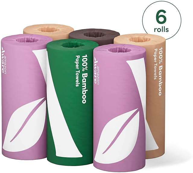 Amazon Aware Bamboo Paper Towels, 6 Rolls, 2 ply, FSC Certified, 150 Sheets, 900 Count, Plastic-Free, Multicolor - Image 7