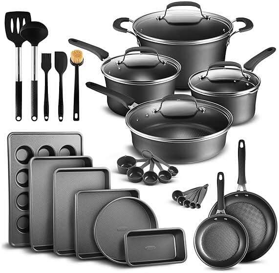 Pots and Pans Set, 23-Piece Non Stick Cookware & Bakeware Sets with Plaid Pattern, Stackable Design, Dishwasher Safe, Stain-resistant, Oven & All-Stove Safe, Tempered Glass Lid, Black - Image 1