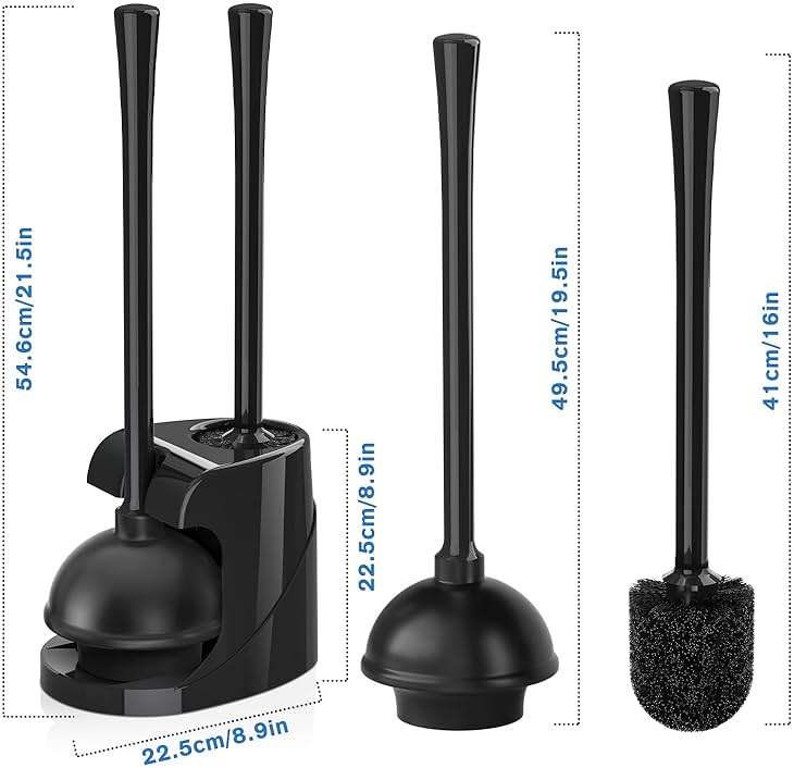 Toilet Plunger and Brush with Holder, Bowl Brush and Heavy Duty Toilet Plunger Set for 5.7-inch Toilet Drain, 2-in-1 Bathroom Cleaning Combo with Modern Caddy Stand (Black) - Image 2