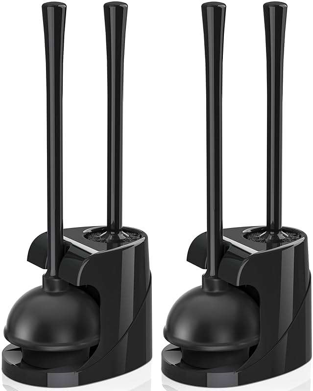 Toilet Plunger and Brush, Bowl Brush and Heavy Duty Toilet Plunger Set with Ventilated Holder, 2-in-1 Bathroom Cleaning Combo with Modern Caddy Stand for 5.7-inch Toilet Drain(Black, 2 Set) - Image 1