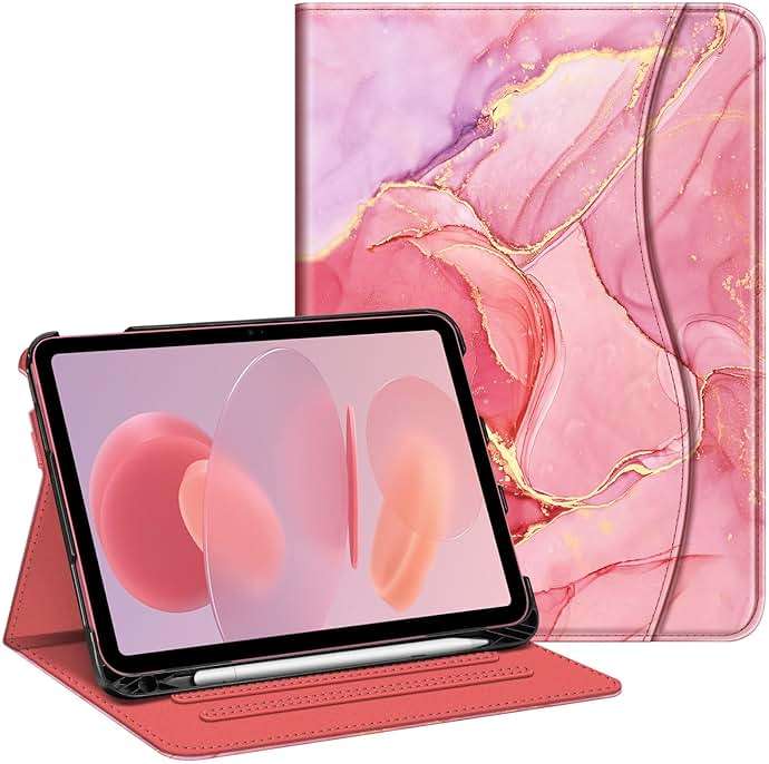 Fintie Case for iPad (A16) 11th Generation 11 Inch (2025), iPad 10th Generation 10.9 Inch (2022), Multi-Angle Viewing Protective Stand Cover with Pencil Holder & Pocket, Marble Pink - Image 1