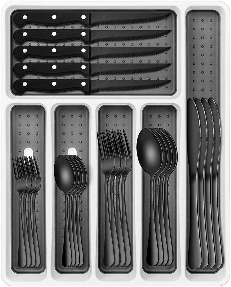 Black Silverware Set, Umite Chef 49-Piece Flatware Set with Drawer Organizer, Durable Stainless Steel Cutlery Set for 8, Tableware Eating Utensils with Steak Knives for Home Restaurant - Image 1