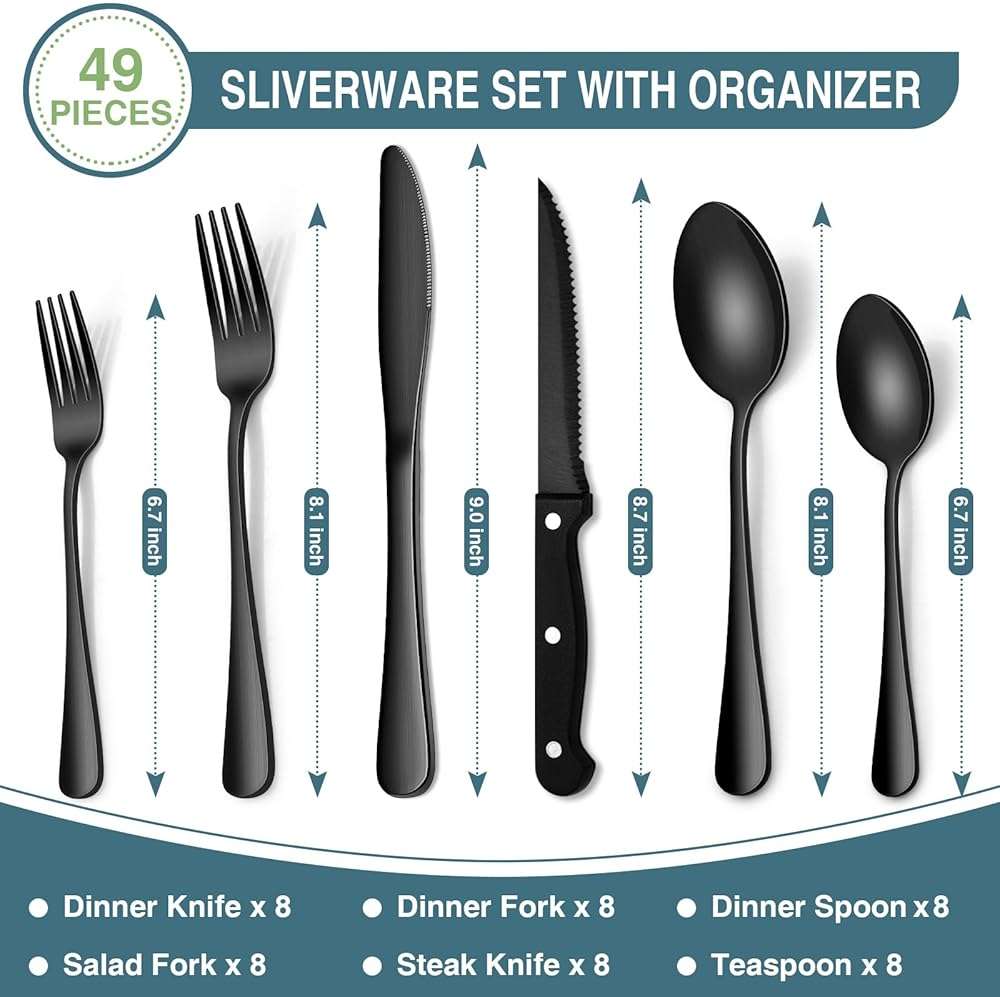 Black Silverware Set, Umite Chef 49-Piece Flatware Set with Drawer Organizer, Durable Stainless Steel Cutlery Set for 8, Tableware Eating Utensils with Steak Knives for Home Restaurant - Image 2