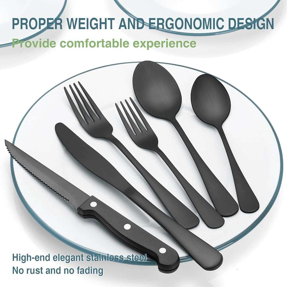 Black Silverware Set, Umite Chef 49-Piece Flatware Set with Drawer Organizer, Durable Stainless Steel Cutlery Set for 8, Tableware Eating Utensils with Steak Knives for Home Restaurant - Image 4