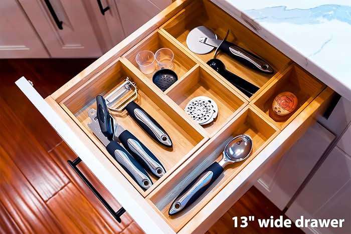 Umilife Drawer Organizer Storage Boxes, 2.5" High Bamboo Drawer Dividers, 5 Rearrangeable Bins for Kitchen, Office Desktop, Clothing, Makeup, vanity, Jewelry - Image 2
