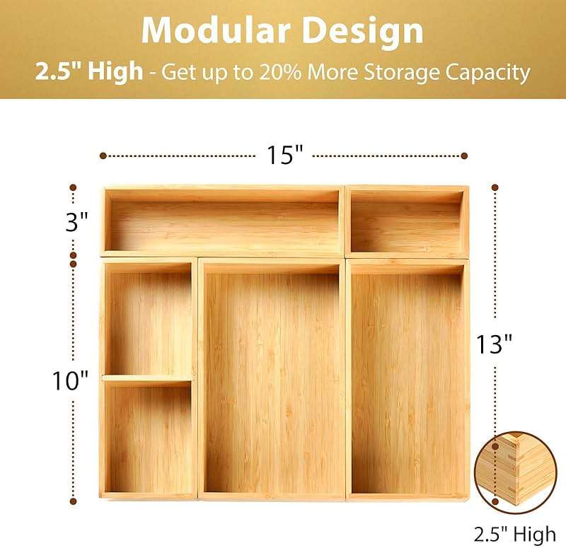 Umilife Drawer Organizer Storage Boxes, 2.5" High Bamboo Drawer Dividers, 5 Rearrangeable Bins for Kitchen, Office Desktop, Clothing, Makeup, vanity, Jewelry - Image 3