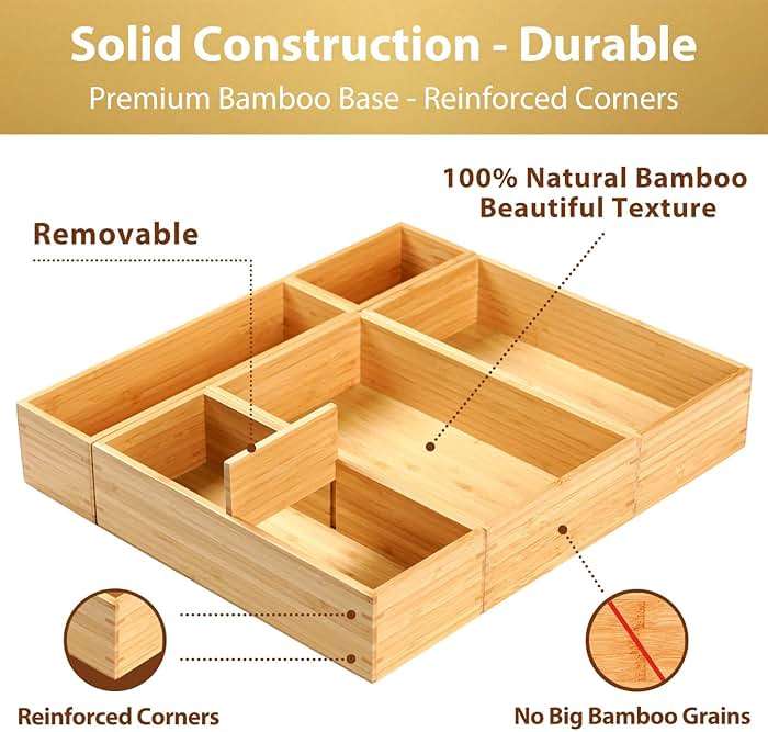 Umilife Drawer Organizer Storage Boxes, 2.5" High Bamboo Drawer Dividers, 5 Rearrangeable Bins for Kitchen, Office Desktop, Clothing, Makeup, vanity, Jewelry - Image 4