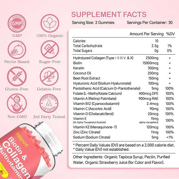 2 Pack Multi Collagen Peptides Gummies for Women & Men, Ultra Hydrolyzed Protein Type I II III V X with Biotin, Hyaluronic Acid & Vitamin C D K2 B12 A E for Skin Hair Nails, Bone, Sugar Free 120Cts - Image 2