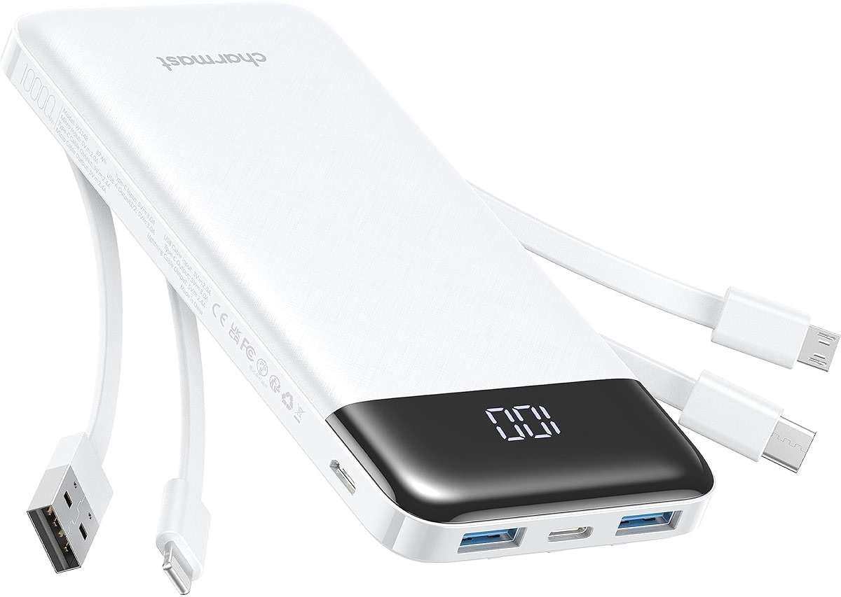 charmast Portable Charger with Reinforced Built-in 4 Cables,10000mAh Power Bank Travel Essentials 6 Outputs 3 Inputs 3A Fast Charging Compatible with iPhone iPad Samsung Google Pixel LG Moto etc. - Image 1