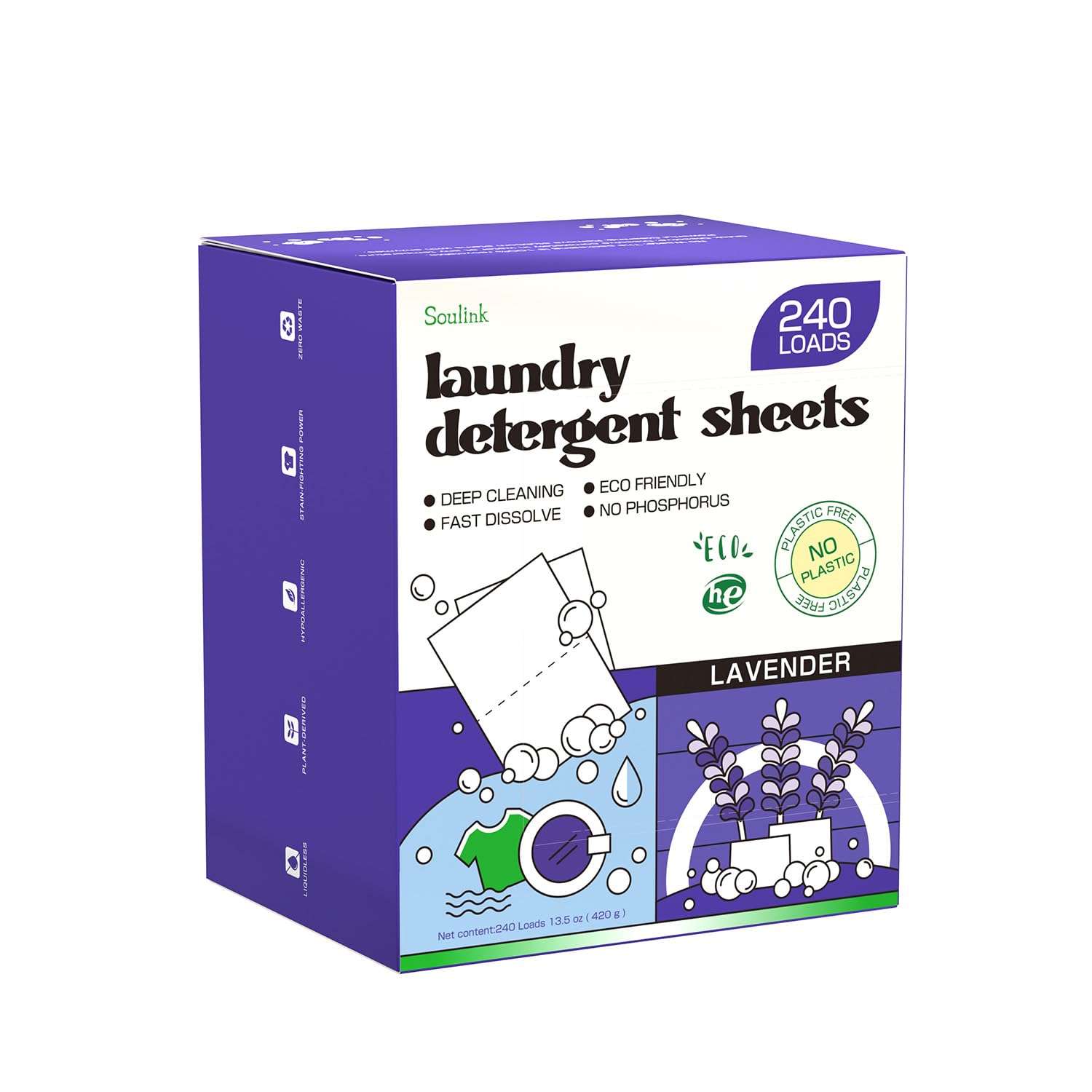 Soulink Lavender Laundry Detergent Sheets, 240 Loads - Eco-Friendly, Plant-Based, Hypoallergenic, No Plastic Jug - Image 1