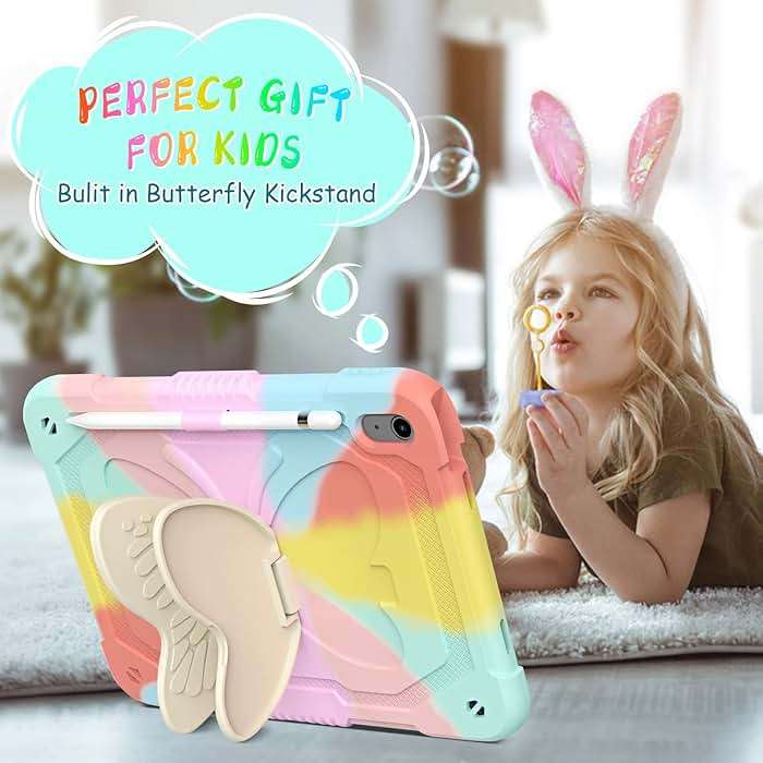 Ambison Case for iPad (A16) 11th/10th Generation (2025/2022) 11''/10.9'' for Kids Girls with 9H Tempered Glass Screen Protector, Heavy Duty Protective with Butterfly Stand, Carrying Strap-Multicolor - Image 3