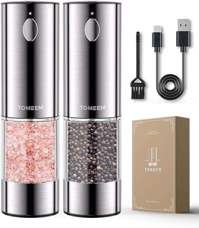 TOMEEM Upgraded Larger Capacity Electric Salt and Pepper Grinder Set Rechargeable with LED lights, Stainless Steel Automatic Pepper and Salt Grinder Refillable with 5 Adjustable Coarseness - Image 1