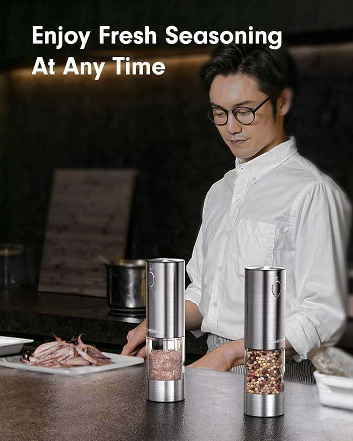 TOMEEM Upgraded Larger Capacity Electric Salt and Pepper Grinder Set Rechargeable with LED lights, Stainless Steel Automatic Pepper and Salt Grinder Refillable with 5 Adjustable Coarseness - Image 2