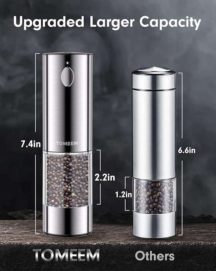 TOMEEM Upgraded Larger Capacity Electric Salt and Pepper Grinder Set Rechargeable with LED lights, Stainless Steel Automatic Pepper and Salt Grinder Refillable with 5 Adjustable Coarseness - Image 3