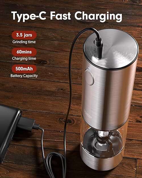 TOMEEM Upgraded Larger Capacity Electric Salt and Pepper Grinder Set Rechargeable with LED lights, Stainless Steel Automatic Pepper and Salt Grinder Refillable with 5 Adjustable Coarseness - Image 5