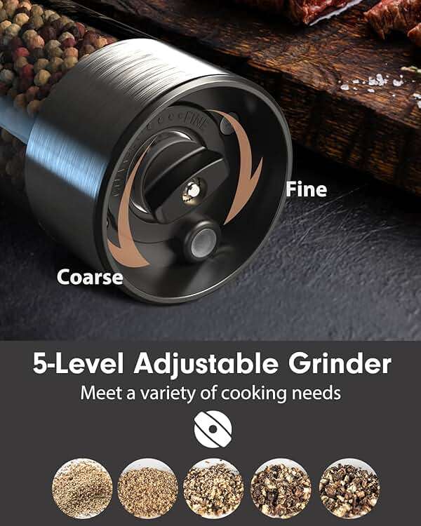 TOMEEM Upgraded Larger Capacity Electric Salt and Pepper Grinder Set Rechargeable with LED lights, Stainless Steel Automatic Pepper and Salt Grinder Refillable with 5 Adjustable Coarseness - Image 6