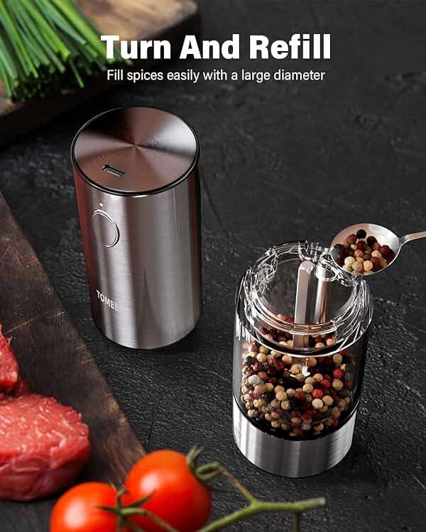 TOMEEM Upgraded Larger Capacity Electric Salt and Pepper Grinder Set Rechargeable with LED lights, Stainless Steel Automatic Pepper and Salt Grinder Refillable with 5 Adjustable Coarseness - Image 7