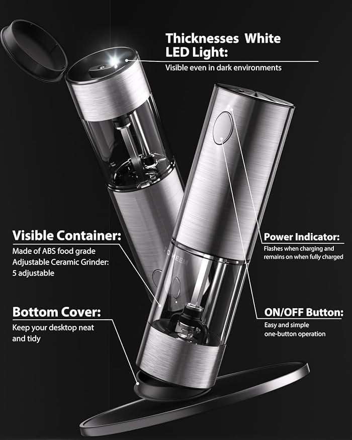 TOMEEM Upgraded Larger Capacity Electric Salt and Pepper Grinder Set Rechargeable with LED lights, Stainless Steel Automatic Pepper and Salt Grinder Refillable with 5 Adjustable Coarseness - Image 8