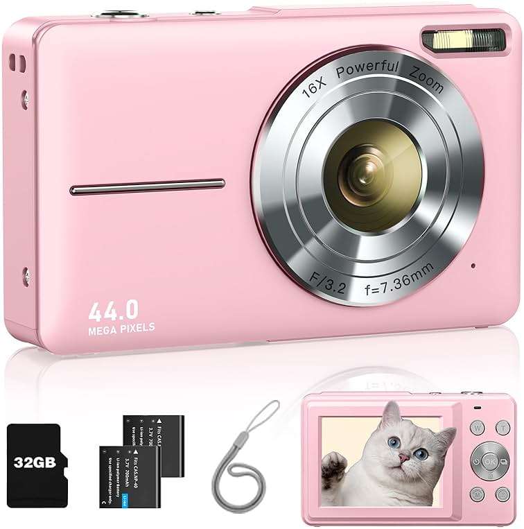 Lecran Digital Camera, FHD 1080P Point and Shoot Camera for Kids Teens Starters, with 32GB Card 16X Zoom Anti Shake Date Stamp, Compact Small Camera Christmas Birthday Gift for Boys Girls, Pink - Image 1